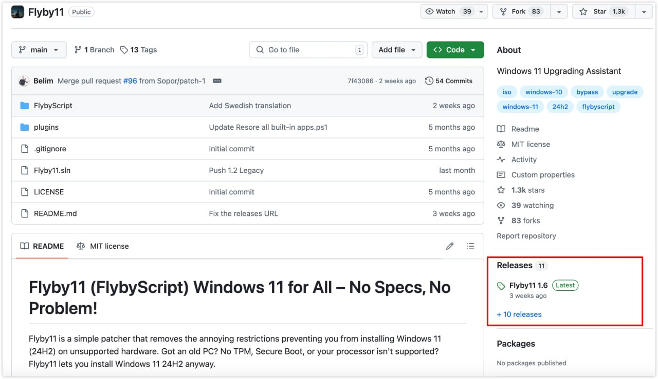 Flyby11(FlybyScript):免费开源Windows 11 升级 助手,跳过 TPM 检查。