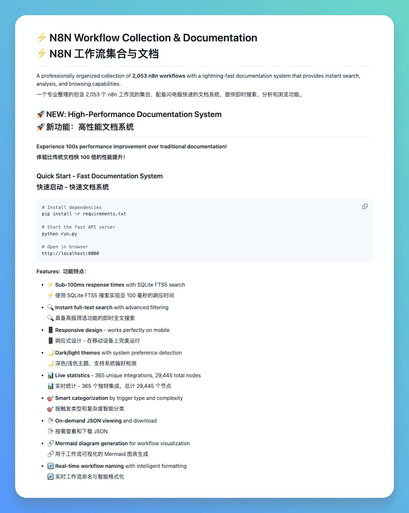N8N Workflow Collection,N8N工作流集合与文档,收录了 2053 个工作流程,通过部署后可快速找到需要的工作流