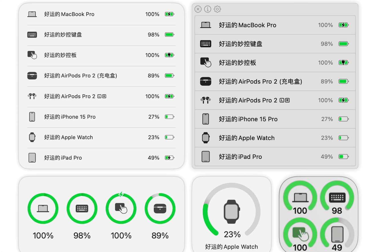 AirBattery:专为Mac设计的可以查看所有设备电量状态的应用,支持在Dock、状态栏 和小组件上实时展示电量情况