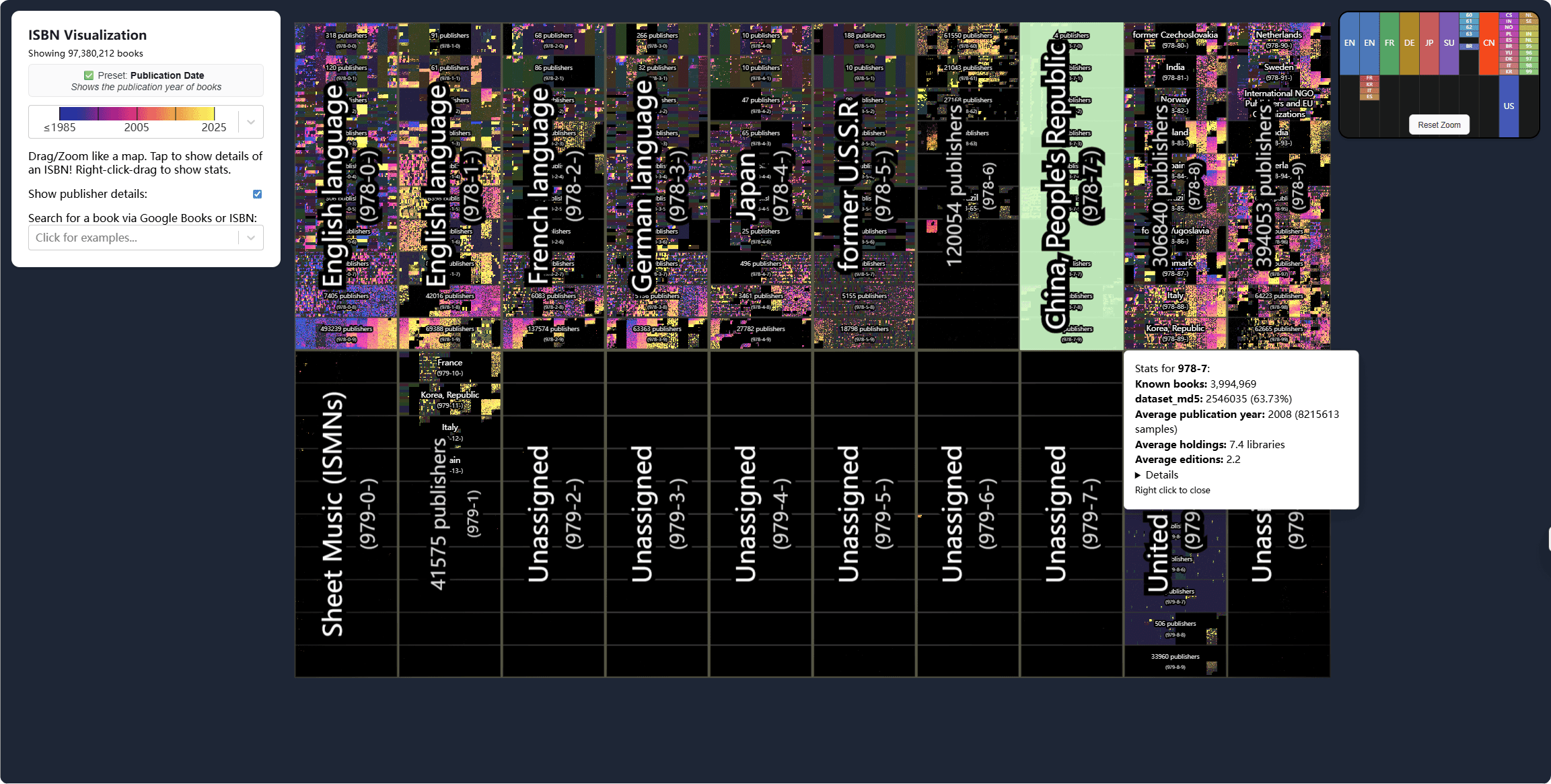 ISBN Visualization:包含世界上所有书籍的可视化工具网站,赛博图书馆,在 ISBN 空间中可视化世界上所有的书籍