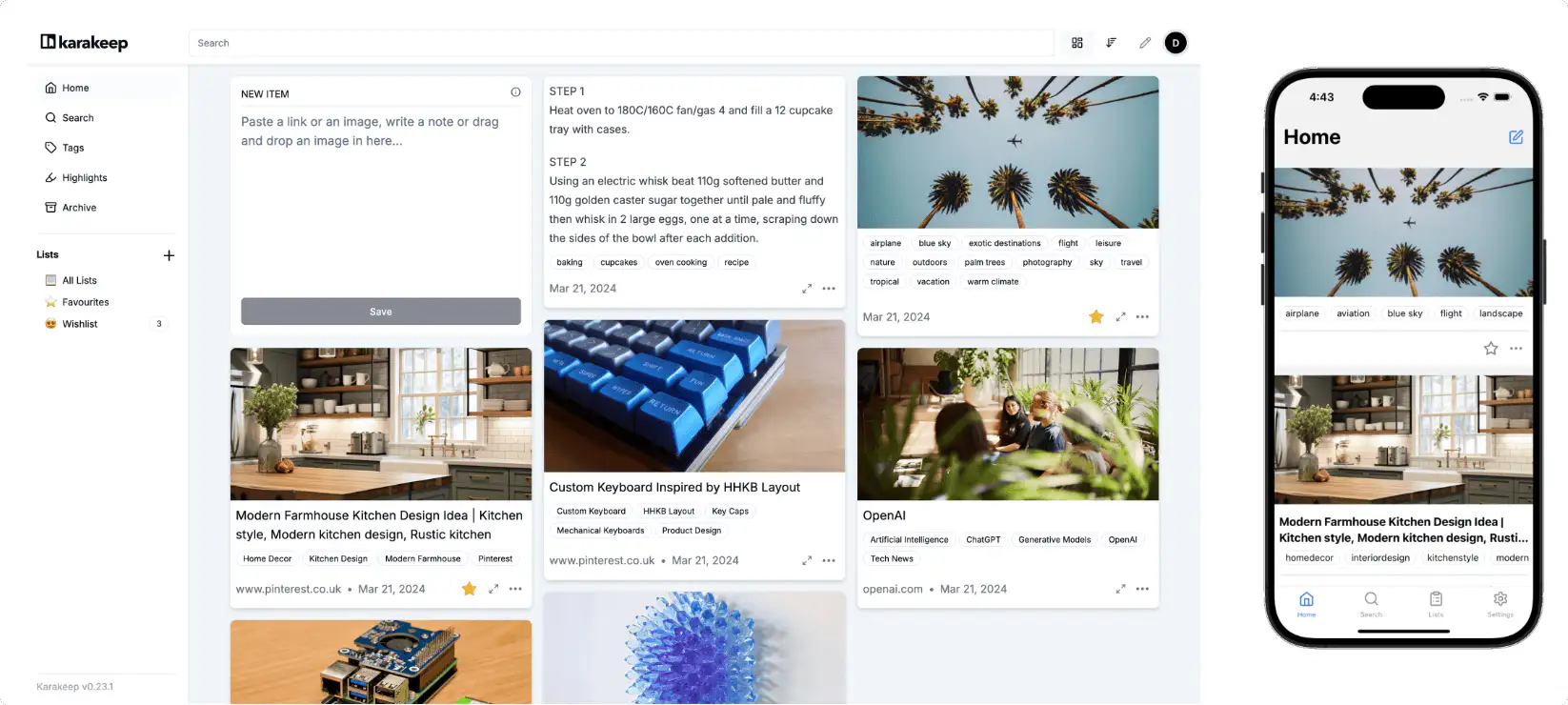 Karakeep：自托管的书签应用（链接、笔记和图片），配备基于AI的自动标签和全文搜索