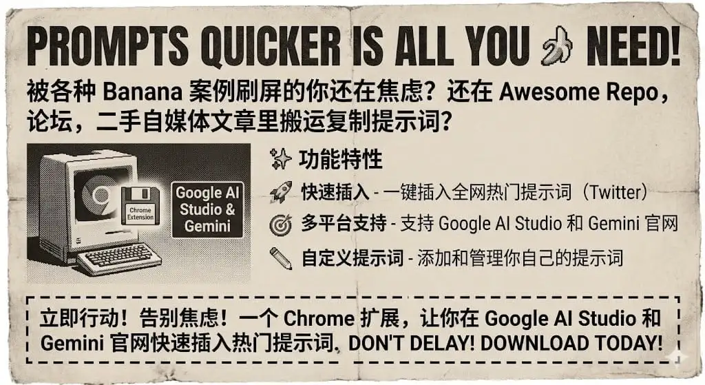 Banana Prompt Quicker-开源Banana Pro 提示词管理器浏览器扩展,内置 Twitter 热门提示词,一键快捷插入